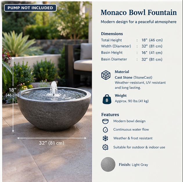 Monaco 32" Cast Stone Bowl Fountain – Light Gray
